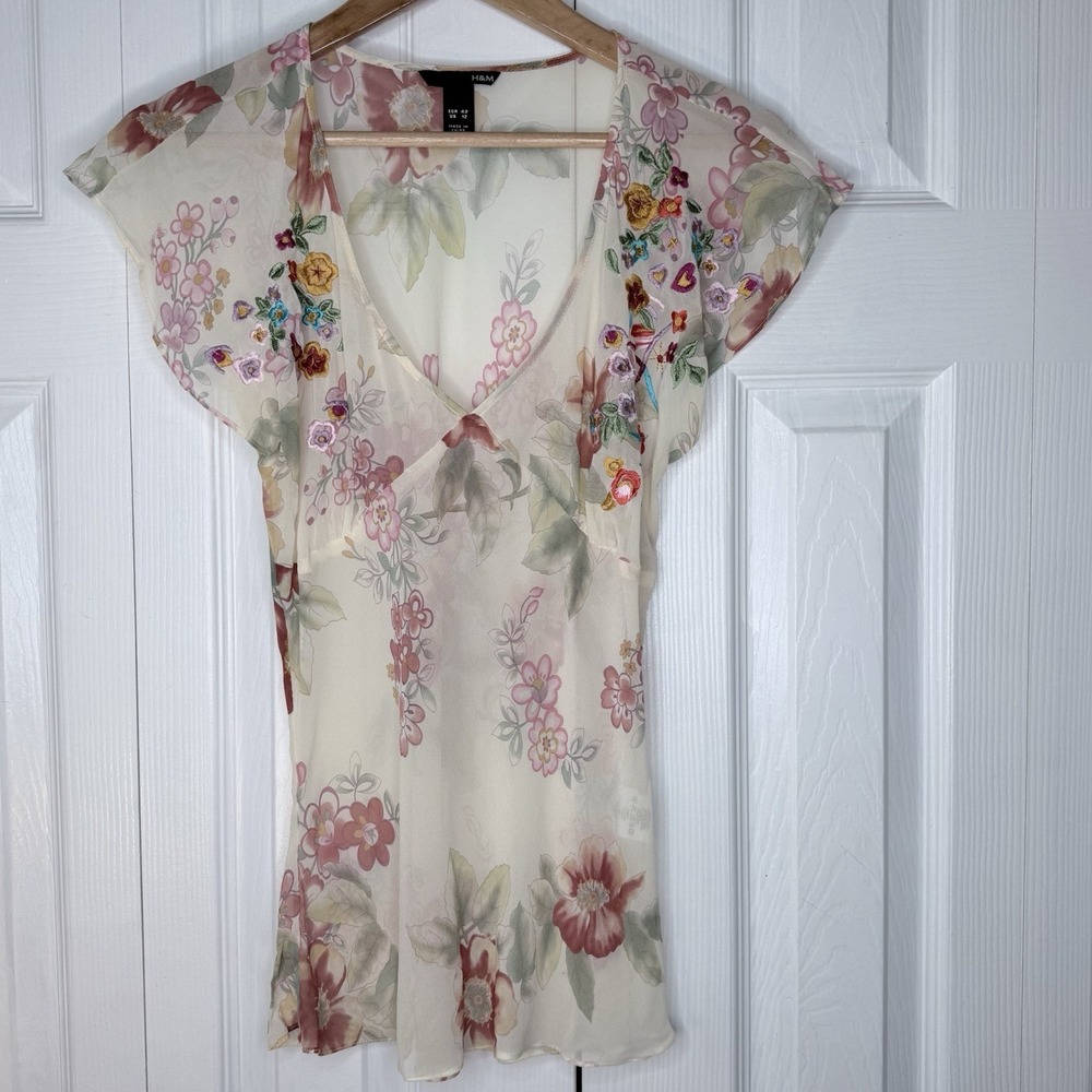 H&M 100% Silk Vintage Fairycore Blouse Size 12 Floral  Embroidered Y2K‎ Top